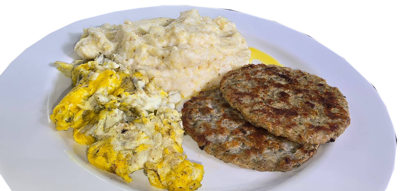 Chicken patty sausages grits and eggs